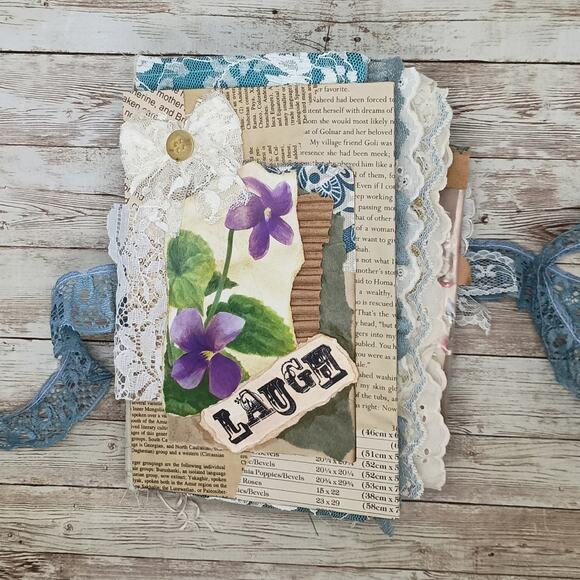 Turquoise Embellished Junk Journal: Flowers, Birds and Butterflies (Laugh) - Picture 1 of 16
